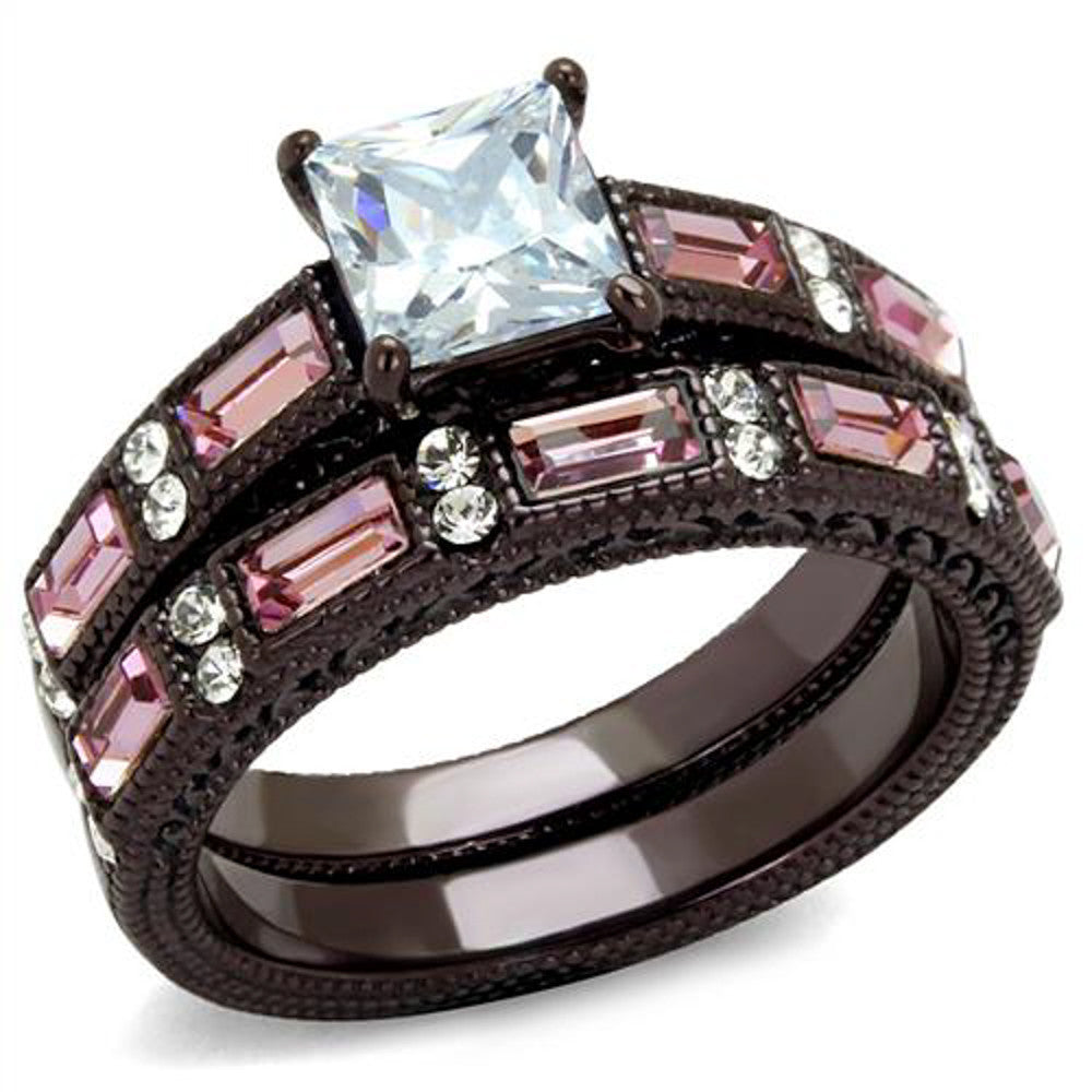 ARTK1829DC Brown Stainless Steel Antique Design CZ Multi-Stone 2pc Wedding Ring Set Sz 5-10